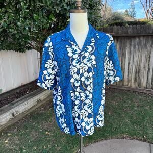 VTG Ky's Mens Hawaiian Shirt Blue Aloha Floral All Over Print Size 2XL *FLAWS*